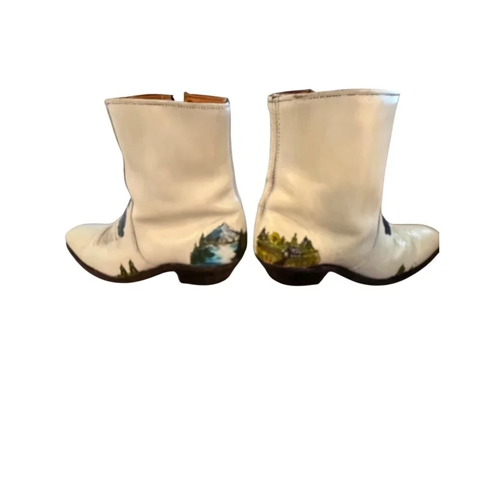 Sears Vintage Mens Hand Painted Coyote Boots Size 8 D Cream Leather Western OOAK